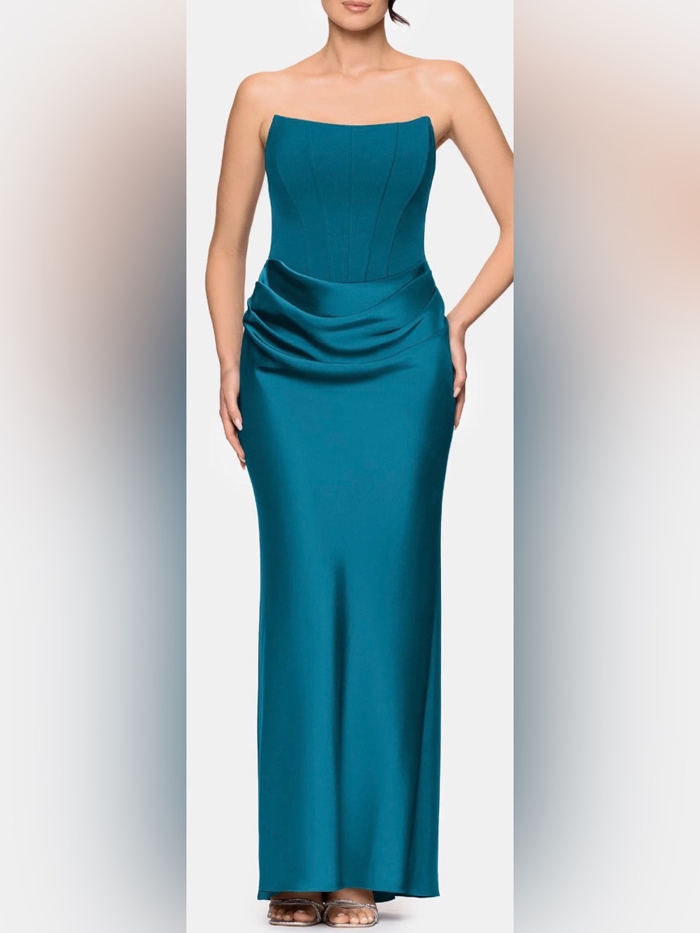 NWOT Betsy & Adam strapless mixed media Teal gown Sz 14